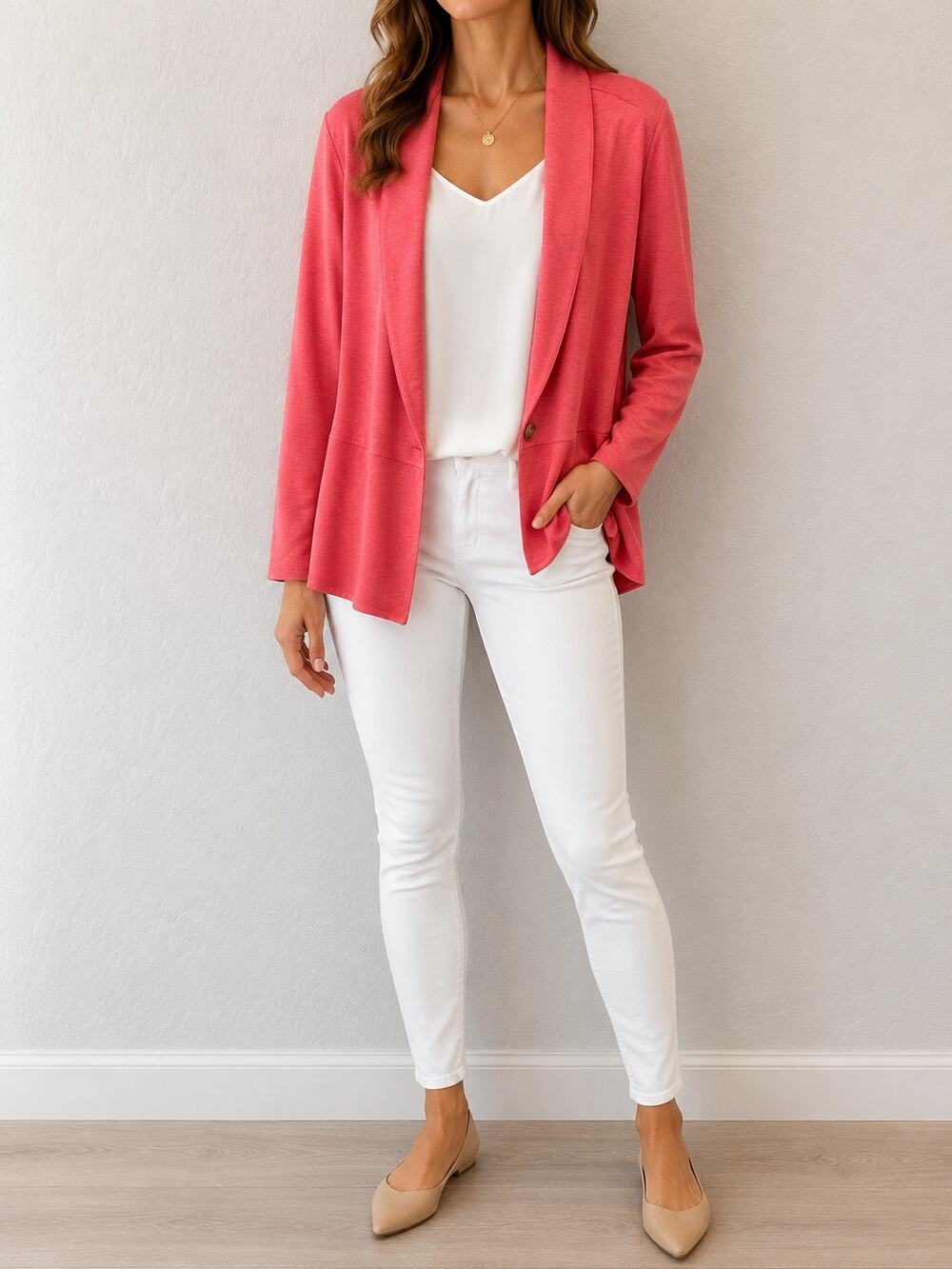 LOGO Lounge Coral Pink Knit Blazer Cardigan Open Front Stretch Jacket New | 2X